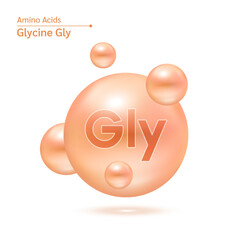 Glycine amino acid capsules vitamins complex minerals. 3D Model of molecule orange isolated on white background. For food supplement ad package design. Science medic concept. Vector EPS10.