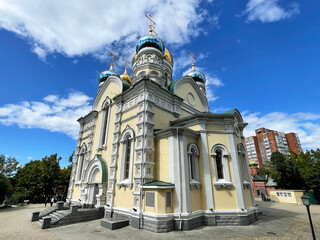 Cathedral of the Intercession of the Most Holy Theotokos in Vladivostok in autumn. Russia