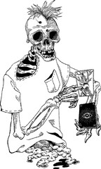 Hipster prophet with hangman tarot card reveals skeleton tattoo shirt design vectors black and white