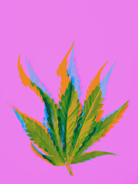 Single green marijuana, cannabis leaf with altered, colorful channels