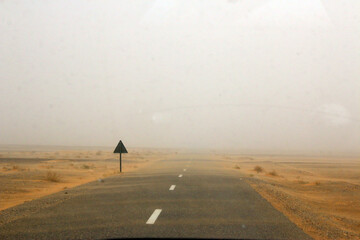 On The Road To Desert Of Sahara - Point Of View By Car - obrazy, fototapety, plakaty