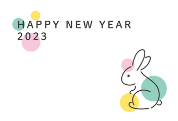 2023年年賀状テンプレート　卯年　うさぎの線画とドットのデザイン