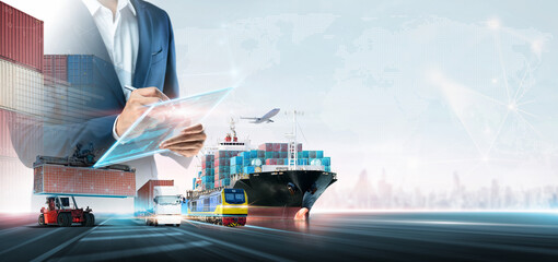 Business and technology digital future of cargo containers logistics transportation import export...