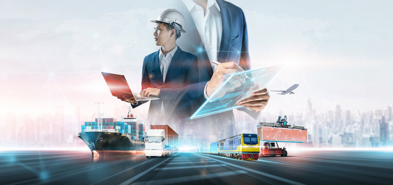 Business and technology digital future of cargo containers logistics transportation import export concept, Engineer using laptop online tracking control delivery distribution on world map background