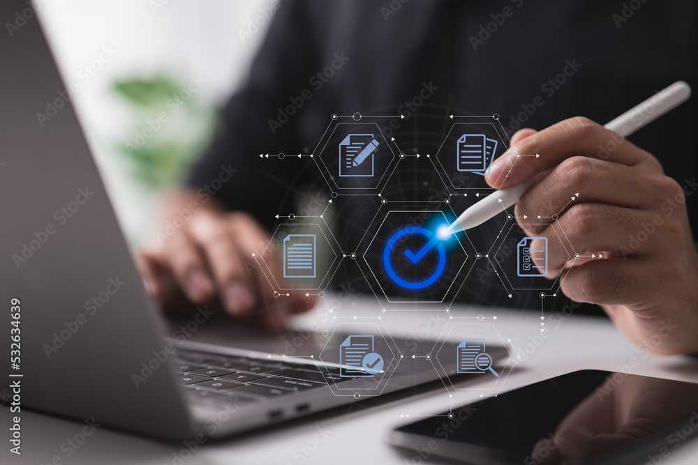 Poster a businessman authenticates an electronic document by signing with a stylus pen on a digital tablet 