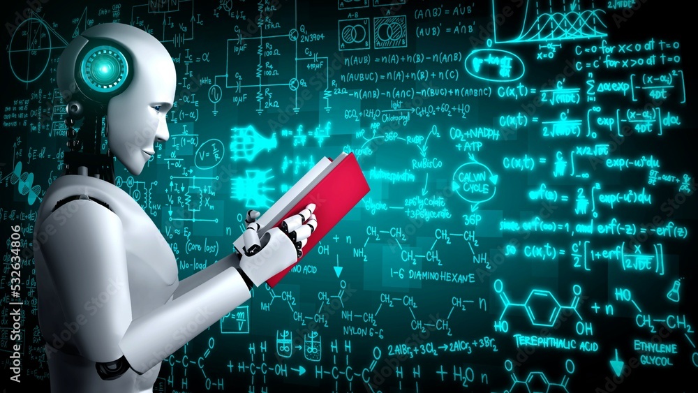Aufkleber 3d rendering of robot hominoid reading book and solving math data analytics in concept of future mat