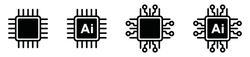 Circuit board of computer or Ai chip icon vector silhouette set