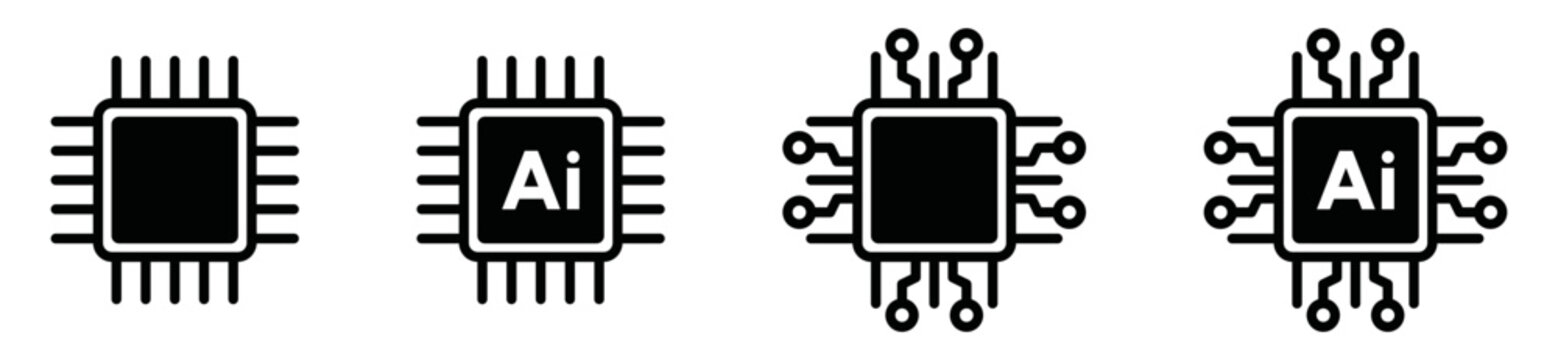 Circuit Board Of Computer Or Ai Chip Icon Vector Silhouette Set