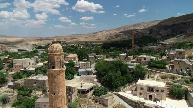 Aerial drone view of the ancient city of Hasankeyf on the Tigris River. Dicle, Batman, Turkey