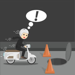 businessman drive with scooter open sewer hole