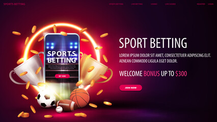 Sports betting, digital red banner with smartphone, champion cups, falling gold coins, sport balls and yellow neon ring on background
