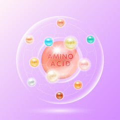 Amino acid capsules. Vitamins minerals complex on pink background. Dietary supplement for pharmacy clinic ad banner design. Science medic concept. 3D Vector EPS10.
