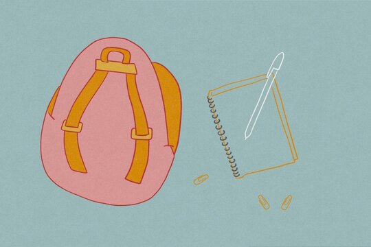Backpack with pen, notepad and paperclips.