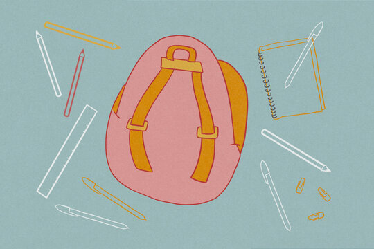 Digital illustration of a backpack with pens and pencils.