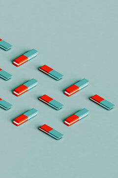 red and blue erasers organized neatly