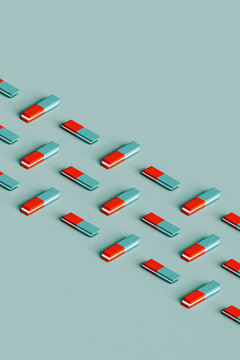 rows of red and blue erasers