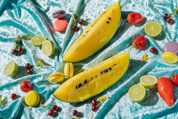 Art still life with yellow watermelon and fruits.