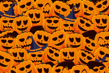 Pumpkin background for halloween, with a pile of smiling halloween pumpkins, doodle, vector illustration