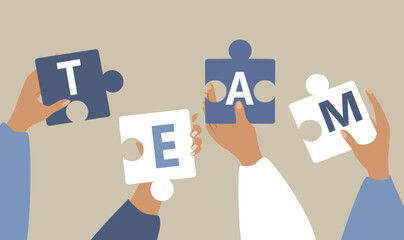 vector illustration in a flat style on the theme of teamwork. hands holding puzzle pieces with team inscription