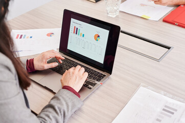 Businesswoman looking at a chart on a laptop