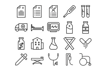 set of icons for hospital, care, health. line and glyph style icons.