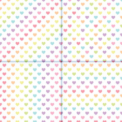 pastel rainbow heart seamless pattern in striped, diagonal and random arrangement, vector illustration