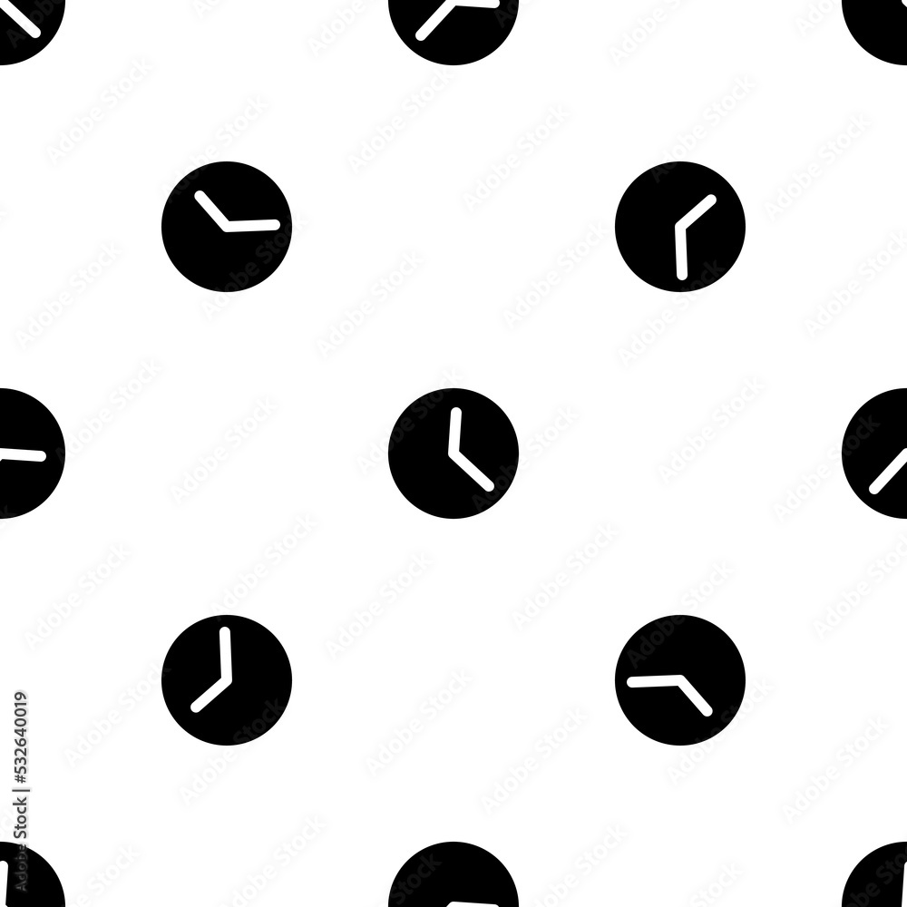 Poster seamless pattern of repeated black time symbols. elements are evenly spaced and some are rotated. ve