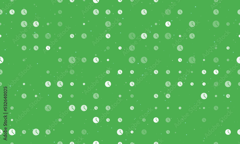 Poster seamless background pattern of evenly spaced white time symbols of different sizes and opacity. vect