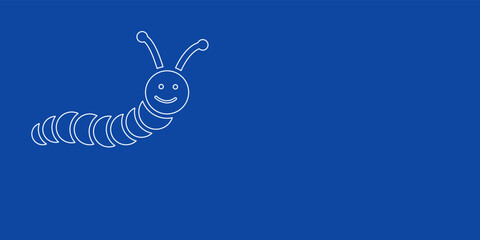A large white outline caterpillar symbol on the left. Designed as thin white lines. Vector illustration on blue background