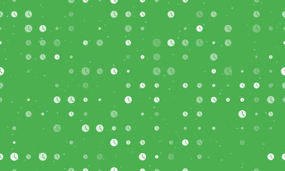 Seamless background pattern of evenly spaced white time symbols of different sizes and opacity. Vector illustration on green background with stars