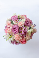 Beautiful bouquet of pink flowers arrangement roses in white background wallpaper decoration gift