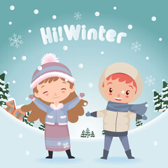 Naklejka premium Adorable child greets winter happily