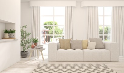 White living room with sofa and summer landscape in window. Scandinavian interior design. 3D illustration