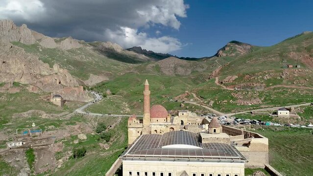 Aerial drone footage of Ishak Pasha Palace lovated in Easter Turkey near the Ararat mountain. Ishak Pasa Palace.