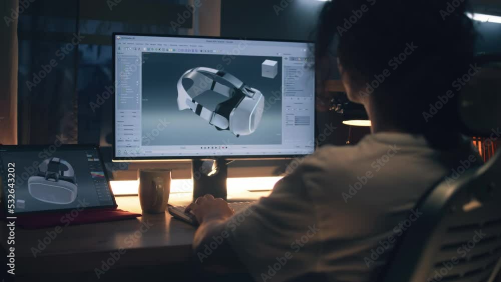 Poster male young freelancer working from home and creating 3d prototype of modern vr goggles in profession