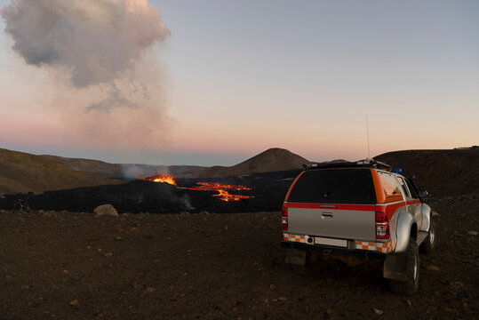 Emergency SUV in front of Volcano