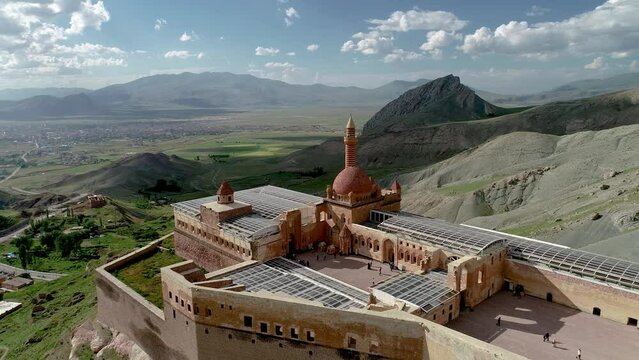 Aerial drone footage of Ishak Pasha Palace lovated in Easter Turkey near the Ararat mountain. Ishak Pasa Palace.