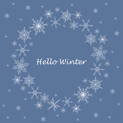 Naklejka na ściany i meble Round frame of white snowflakes on a blue background