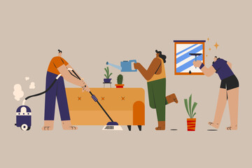 Three Persons Cleaning a Room Together - obrazy, fototapety, plakaty