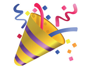 Gold party popper icon on transparent background with confetti and streamers for celebration, occasions