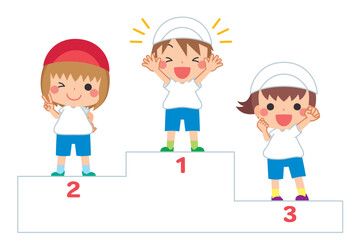 表彰台に登っている可愛い小さな子供たちのイラスト　白背景　運動会　人物　ベクター　クリップアート