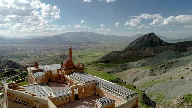 Aerial Drone Footage of Ishak Pasha Palace Lovated in Easter Turkey near the Ararat mountain. Ishak Pasa Palace