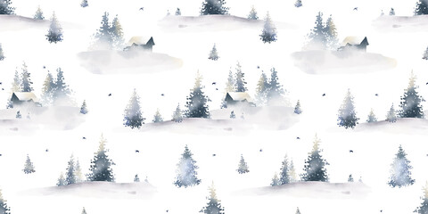 Watercolor hand drawn Christmas seamless pattern. Winter foggy landscapes, scandinavian village. Snow, hills, trees, spruce, mountains, birds. New year elements isolated on white background.