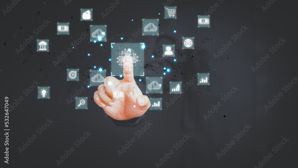 Poster Ai, Cloud computing. Digital change management internet of things (IoT), Big data new technology and business process strategy automation customer service management.