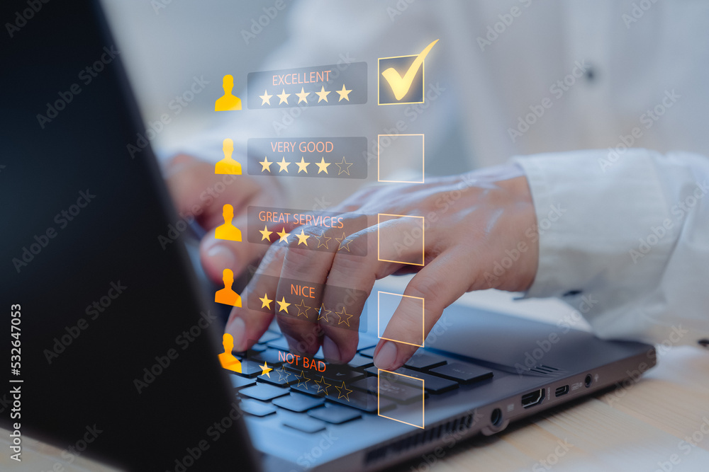 Poster Man's hand using a smartphone and give five star symbol to increase rating of product and service concept, Customer service experience, testimonial and business satisfaction survey.