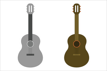 brown acoustic guitar set. Vector flat illustration. Isolated on white background.
