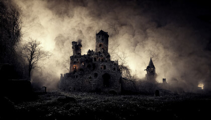 Fototapeta premium Digital art of a castle in a foggy Halloween night.