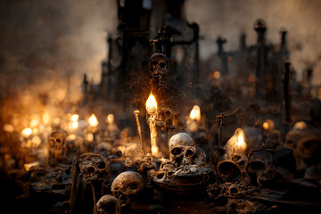 Fototapeta na wymiar Skeletons in haunted, creepy graveyard.Digital art