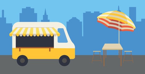 Street Food shop trailer vector. Shopping concept cartoon icon for commerce. Yellow transportation van and umbrella. Colorful illustration, cute style with city view. Vintage shop car.