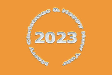 3D illustration New Year concept 2023 design with text snow design on a marigold color background.